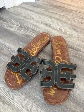 Sam Edelman Black Leather Slide Sandals with Brown Footbed